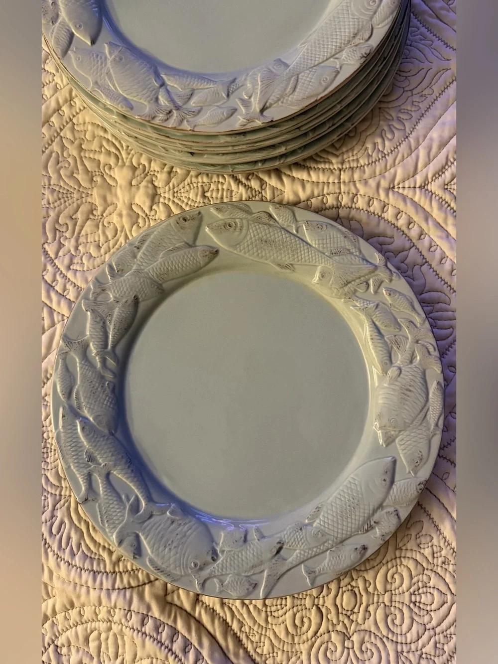 Set of Six Seaglass Blue Fish Motif Plates approximately 10” Diameter